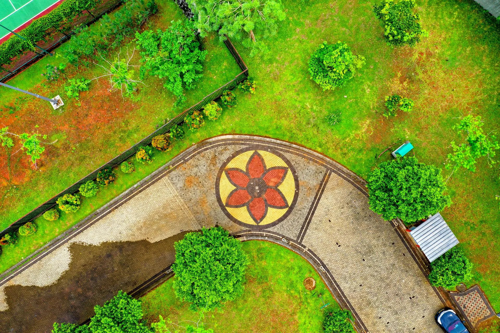 Aerial view of a beautifully landscaped backyard